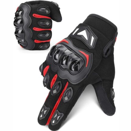 Black Leather Motorbike Gloves with Hard Knuckle Protection, Touch Screen Compatible, ATV Riding Gloves